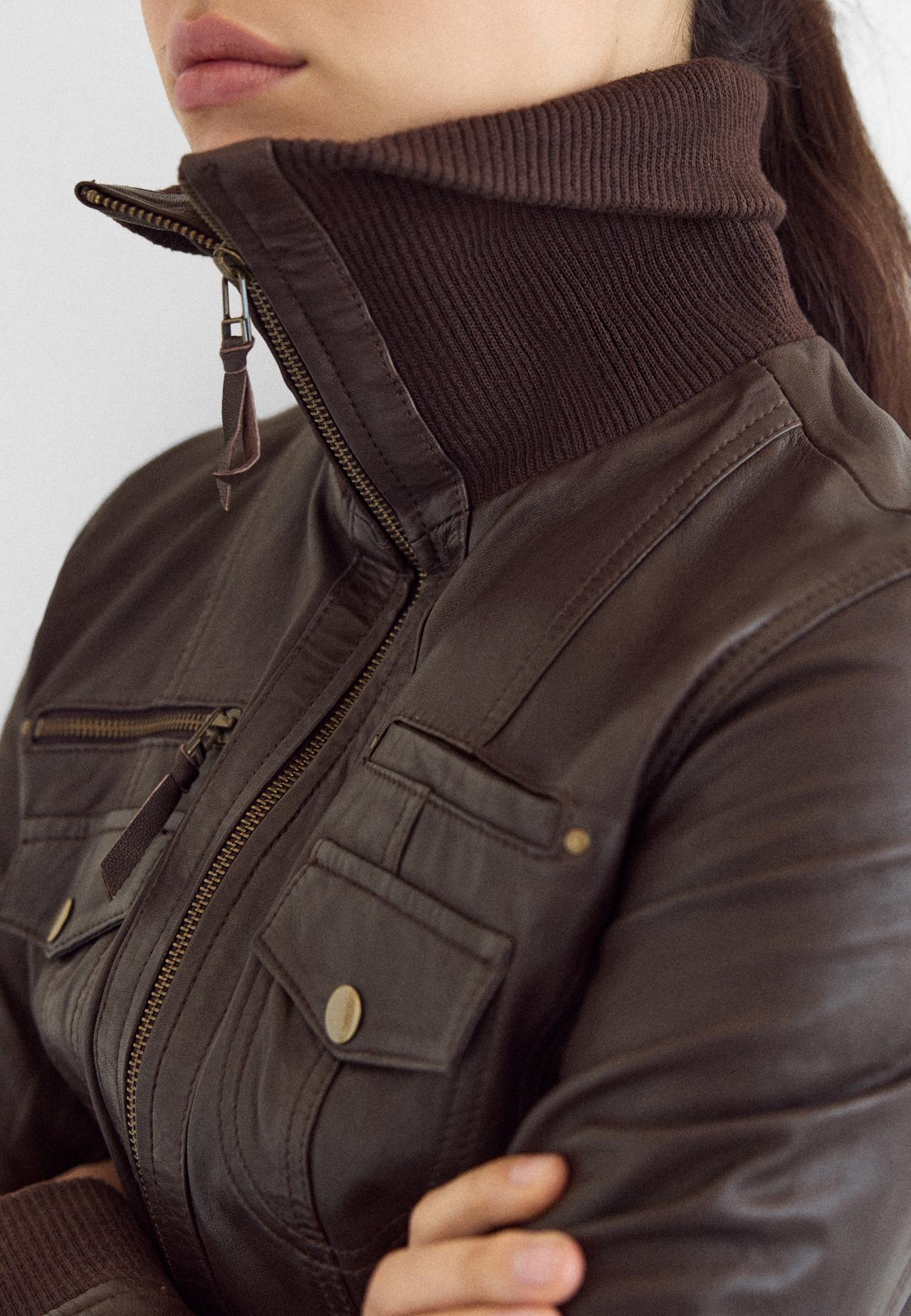Leather jacket with ribbed trim — Brown
