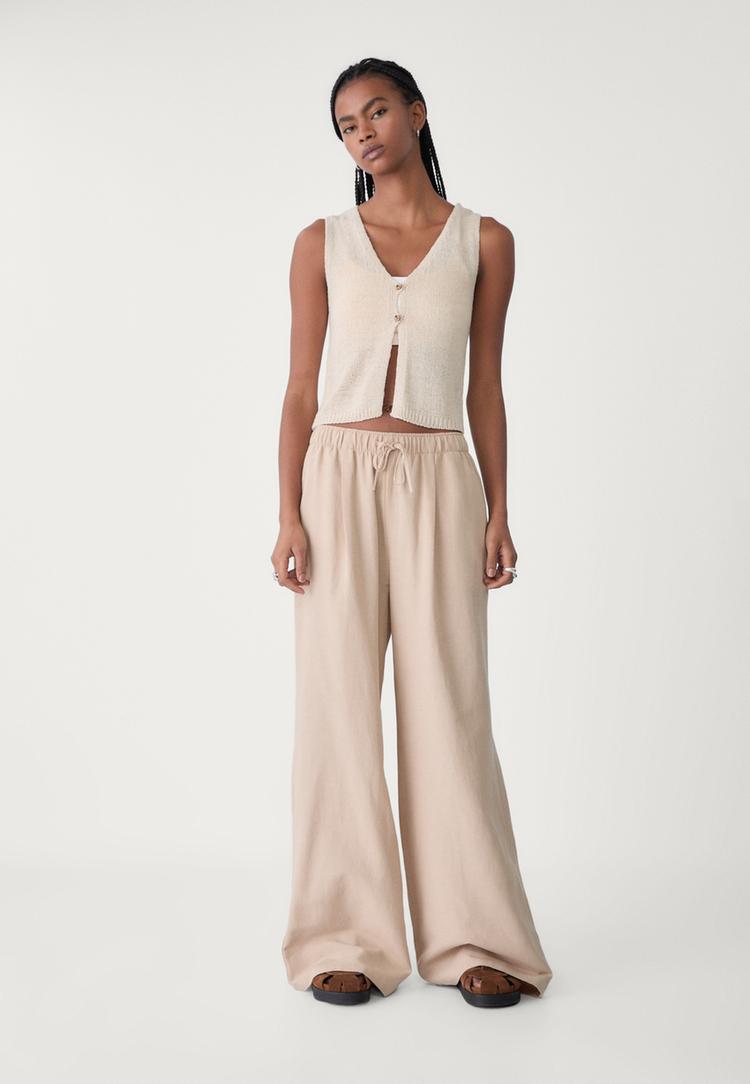 pantalon wide leg con lino