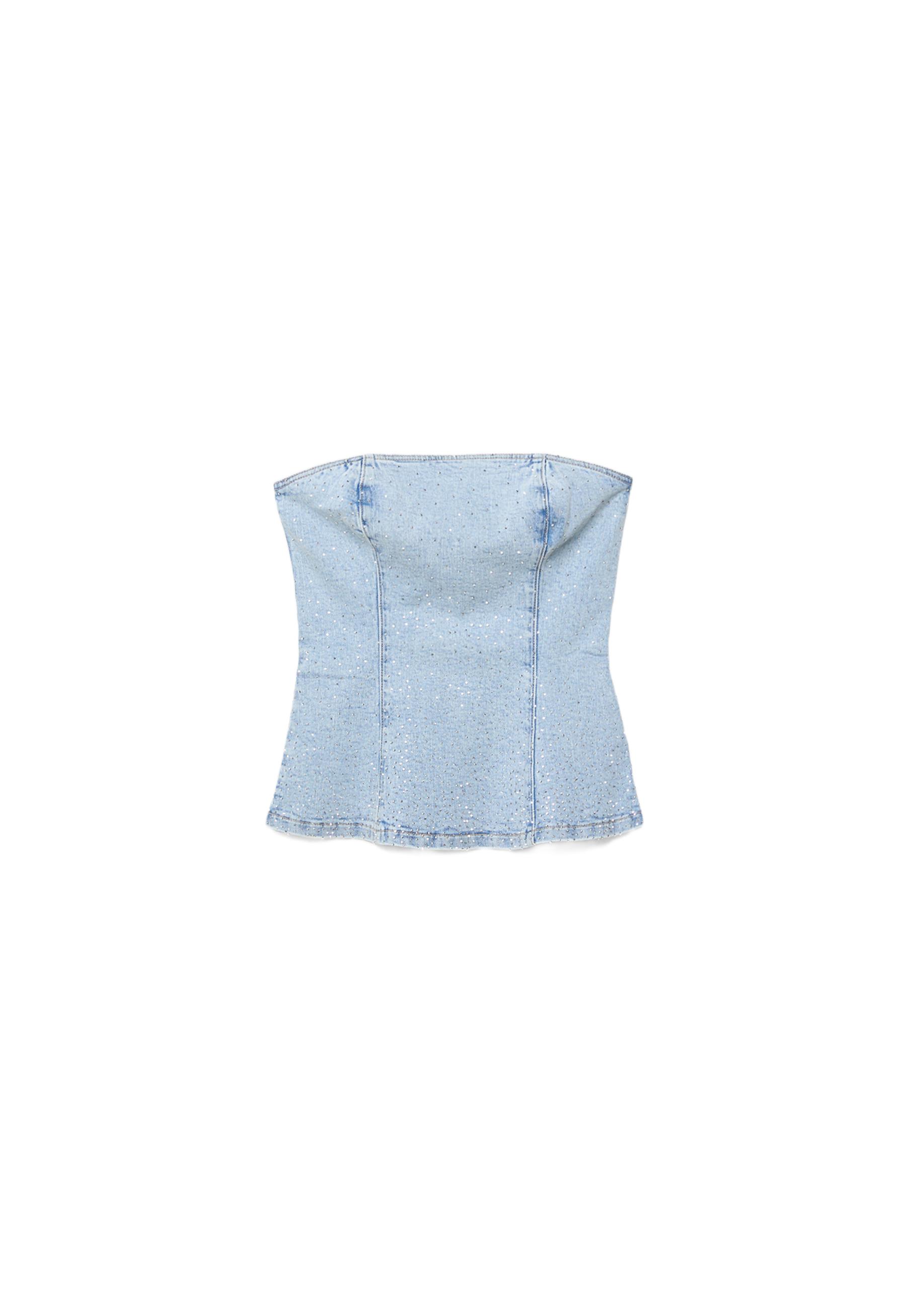 Shimmery denim bustier top — MEDIUM LIGHT BLUE DENIM