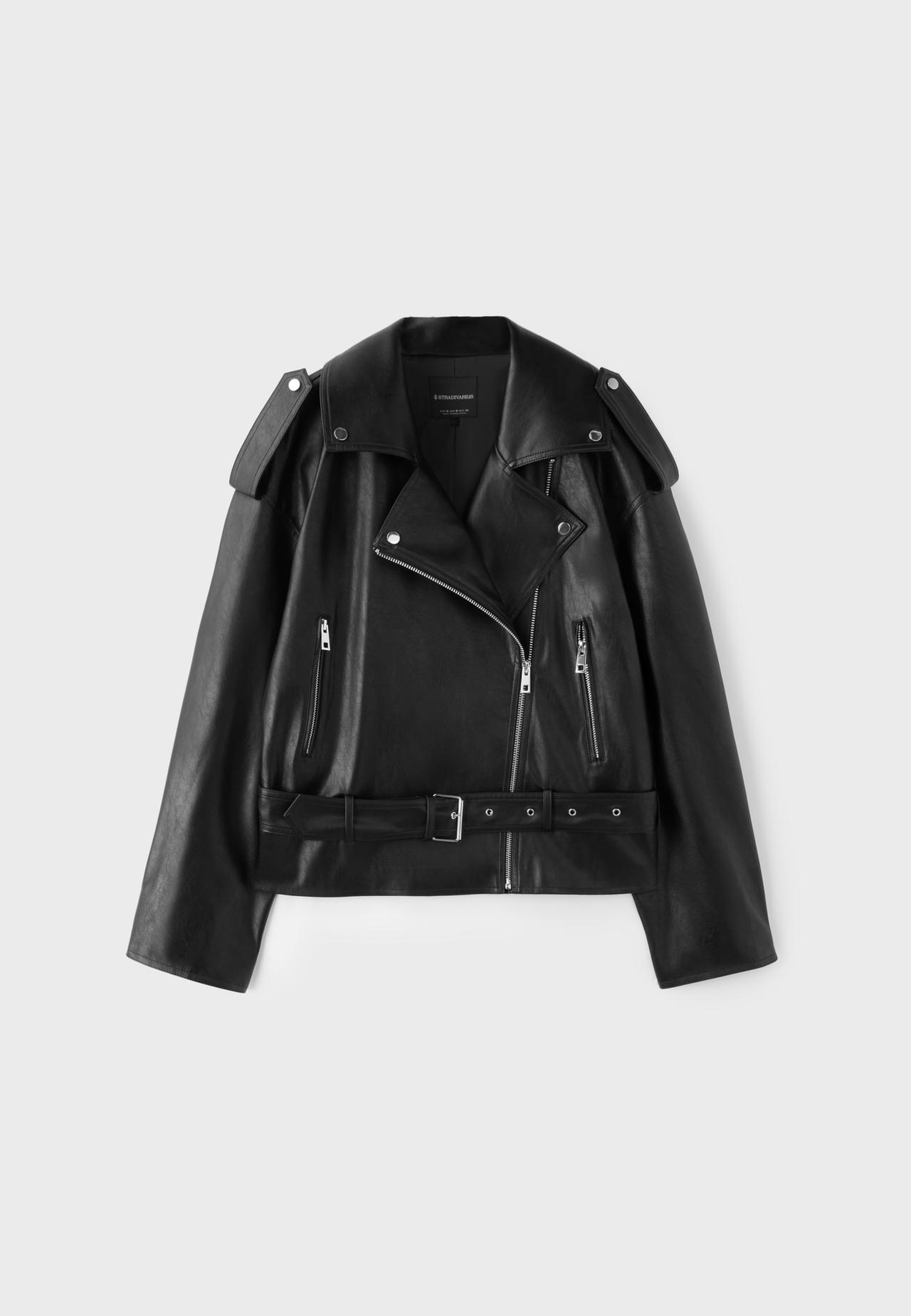 Leather effect biker jacket with belt — Black