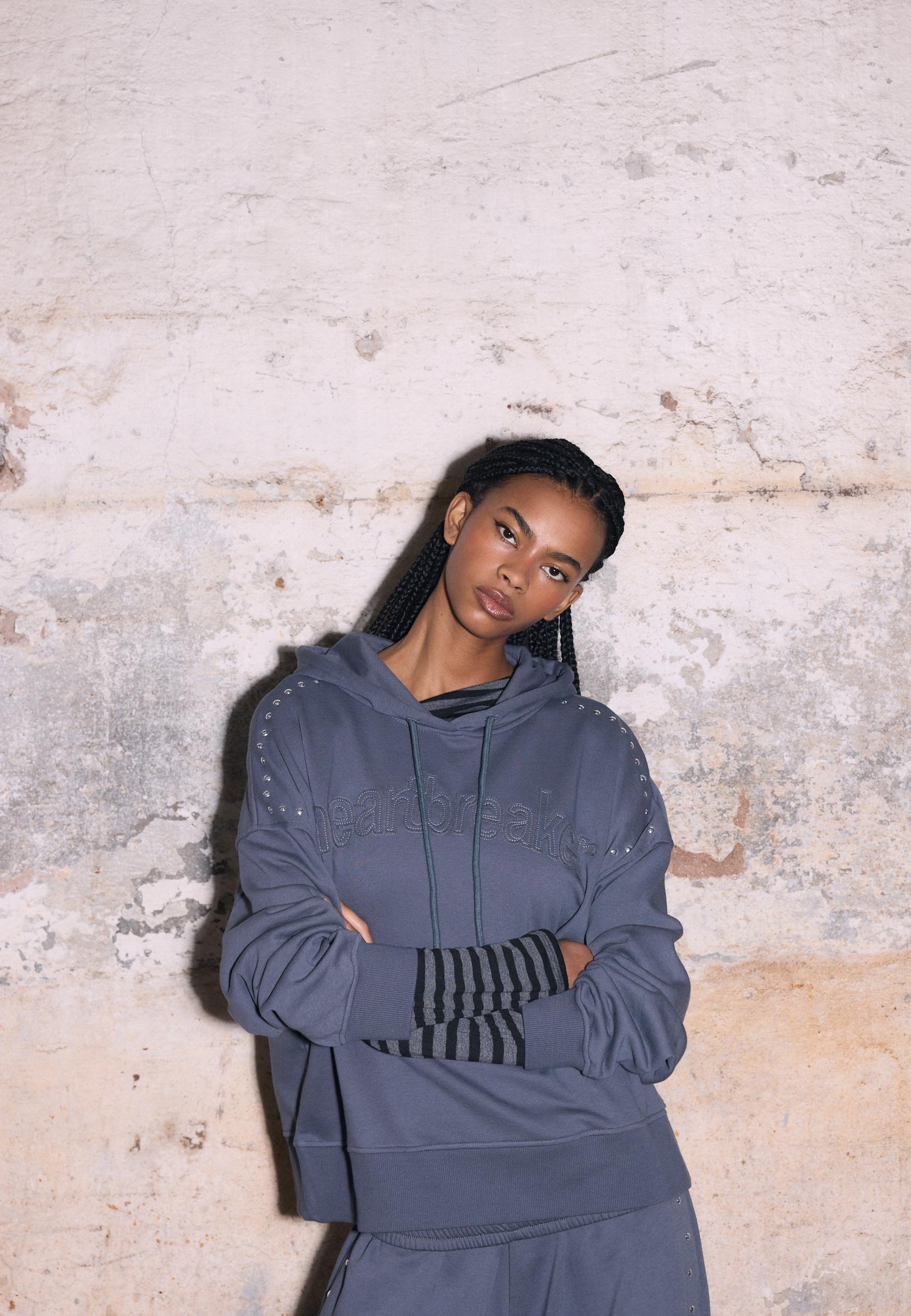 Studded Embroidered Hooded Sweatshirt — Dark grey