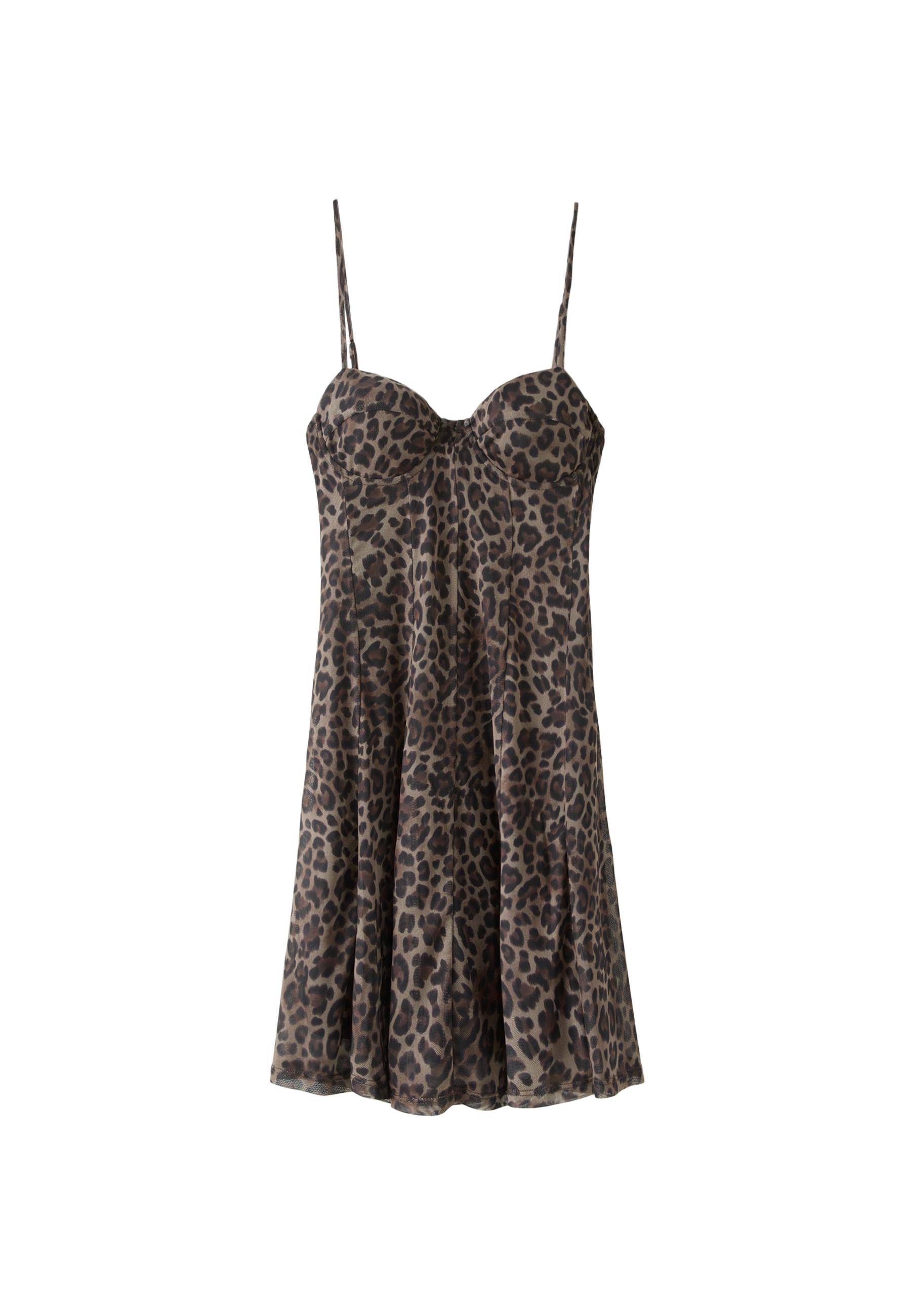 Short printed strappy dress — Mid beige