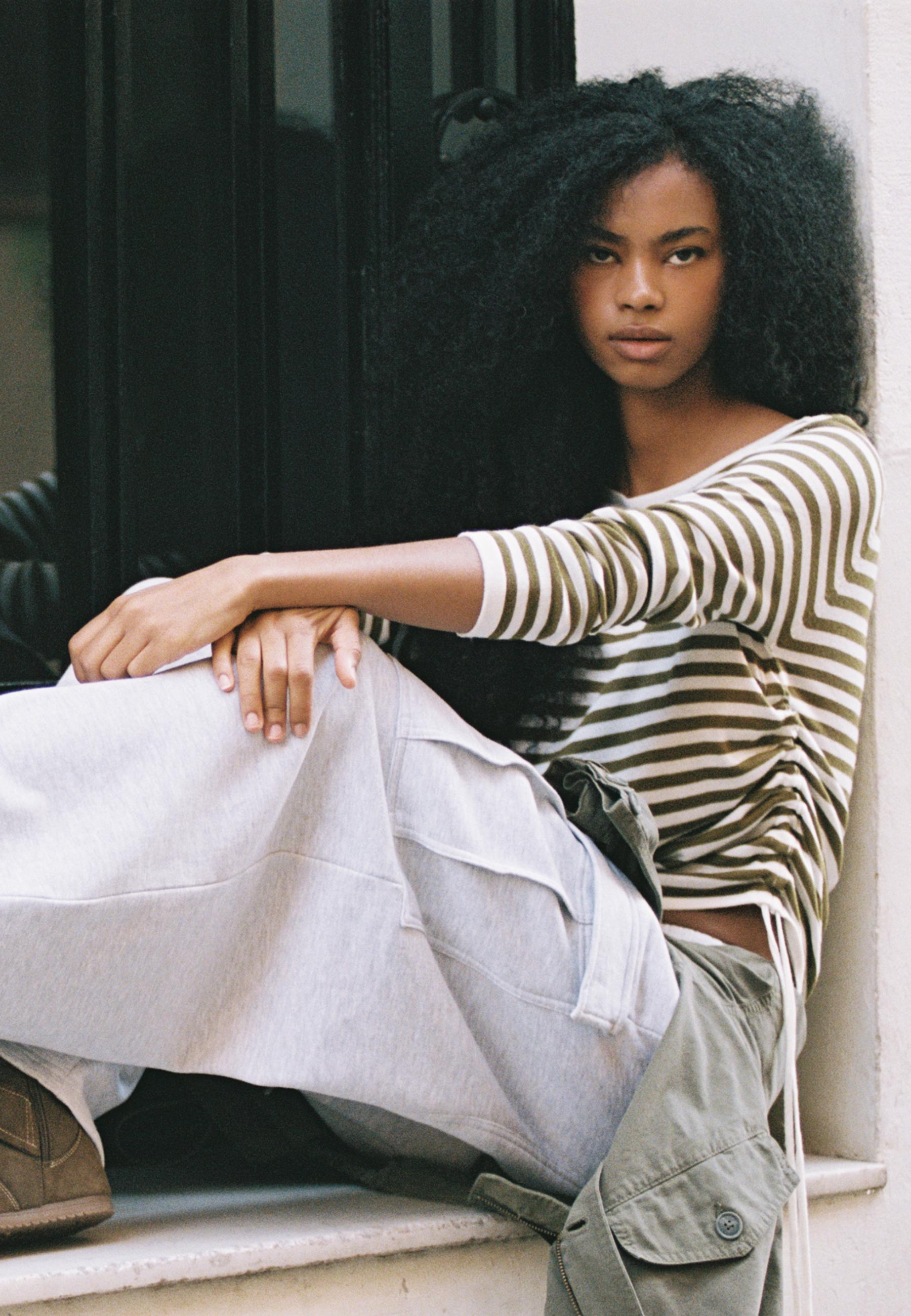 Striped jumper with side ruching — Khaki
