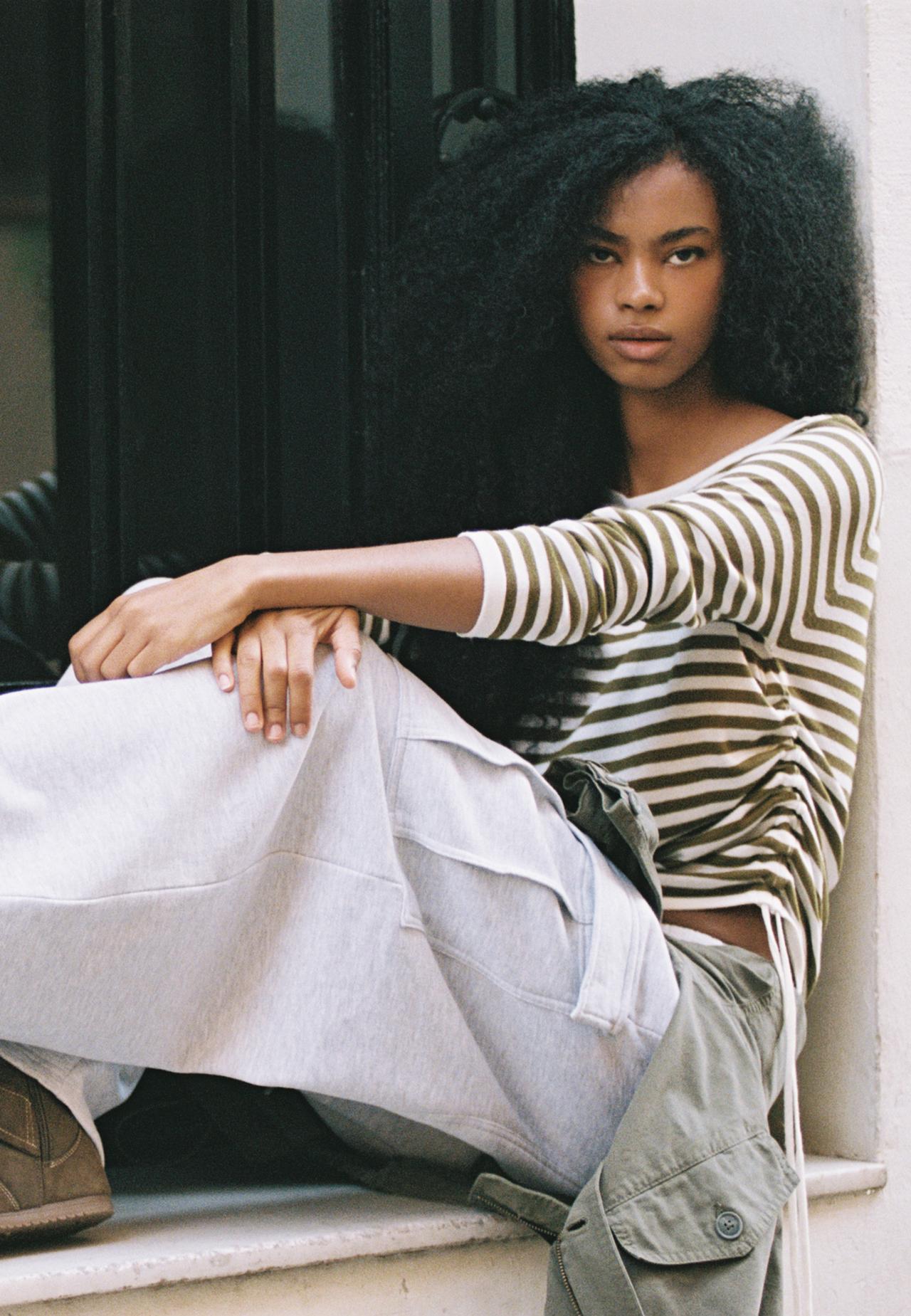 Striped side gathered jumper — Khaki