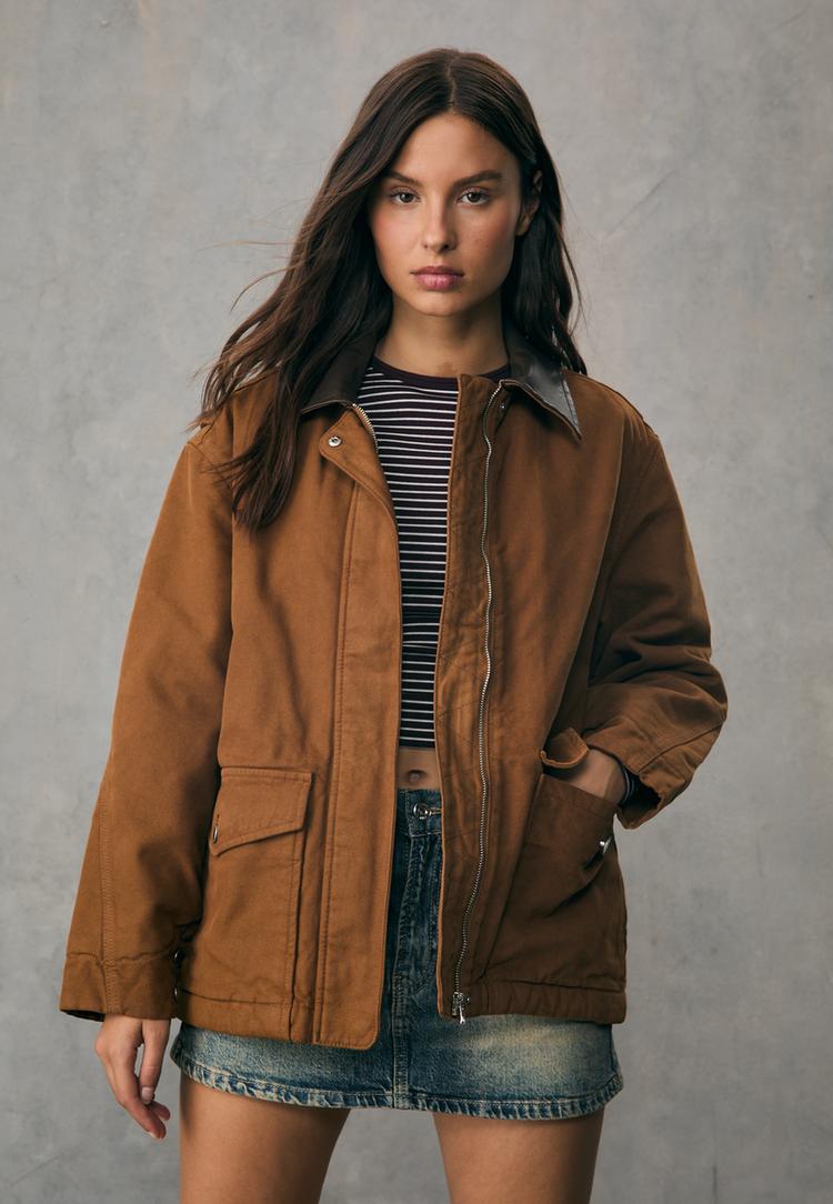 contrast leather effect parka