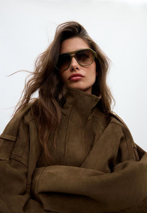 Stradivarius Oversize Faux Suede Jacket Brown M