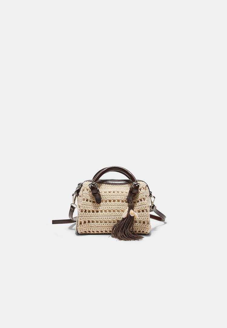 Stradivarius Geantă Tote Rotundă Croșetată Ecru Os