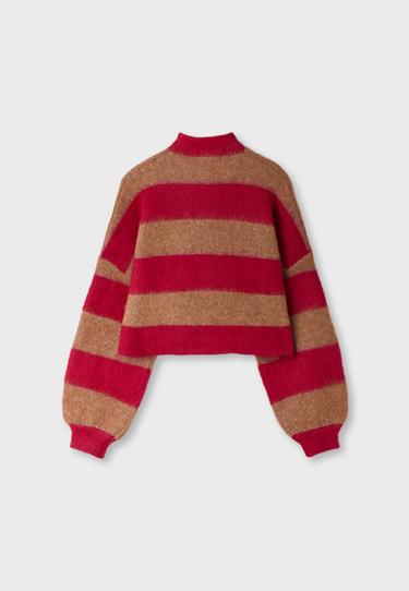 Striped funnel neck knit cardigan — Beige 8