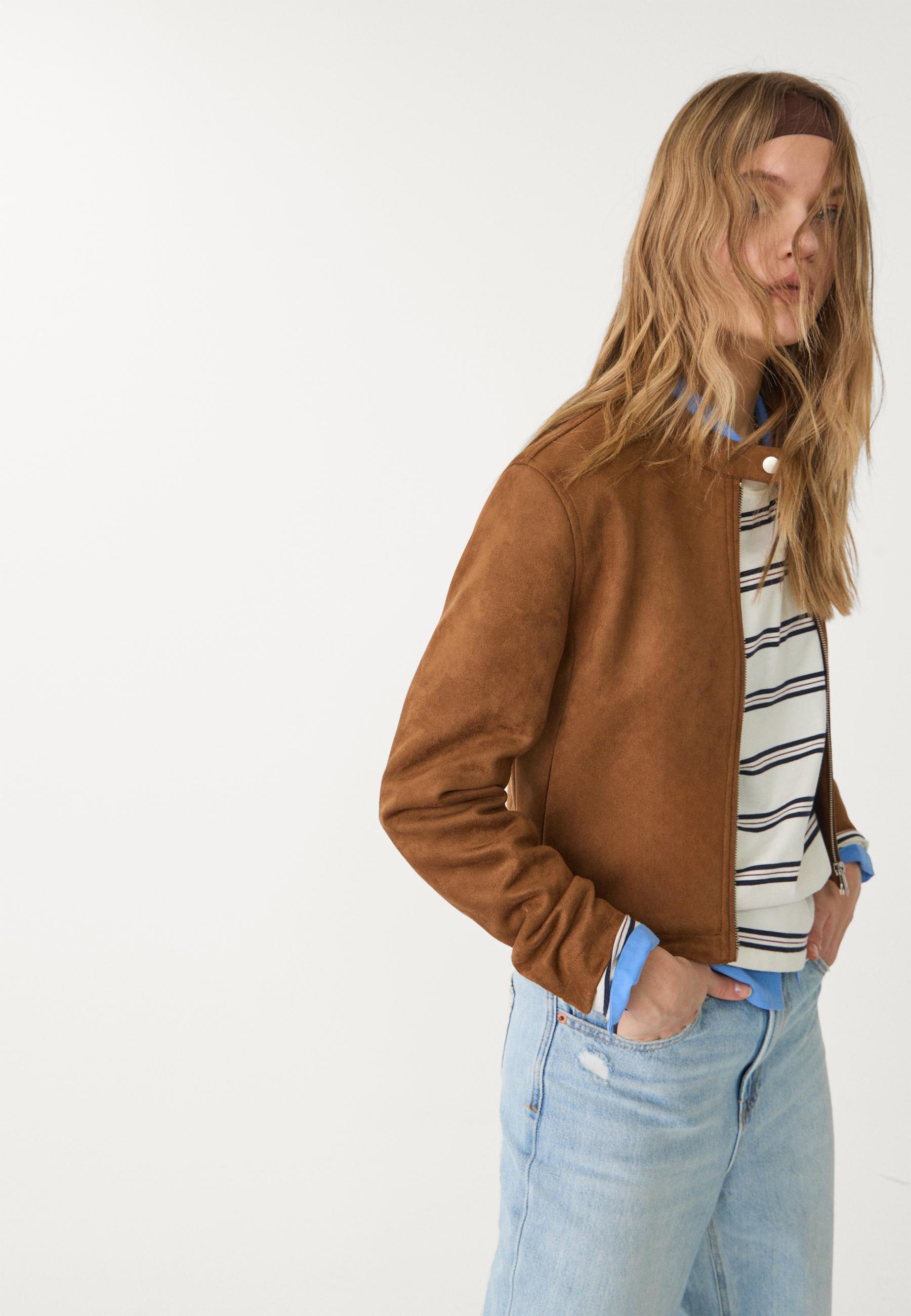 Faux suede zip-up jacket — Brown