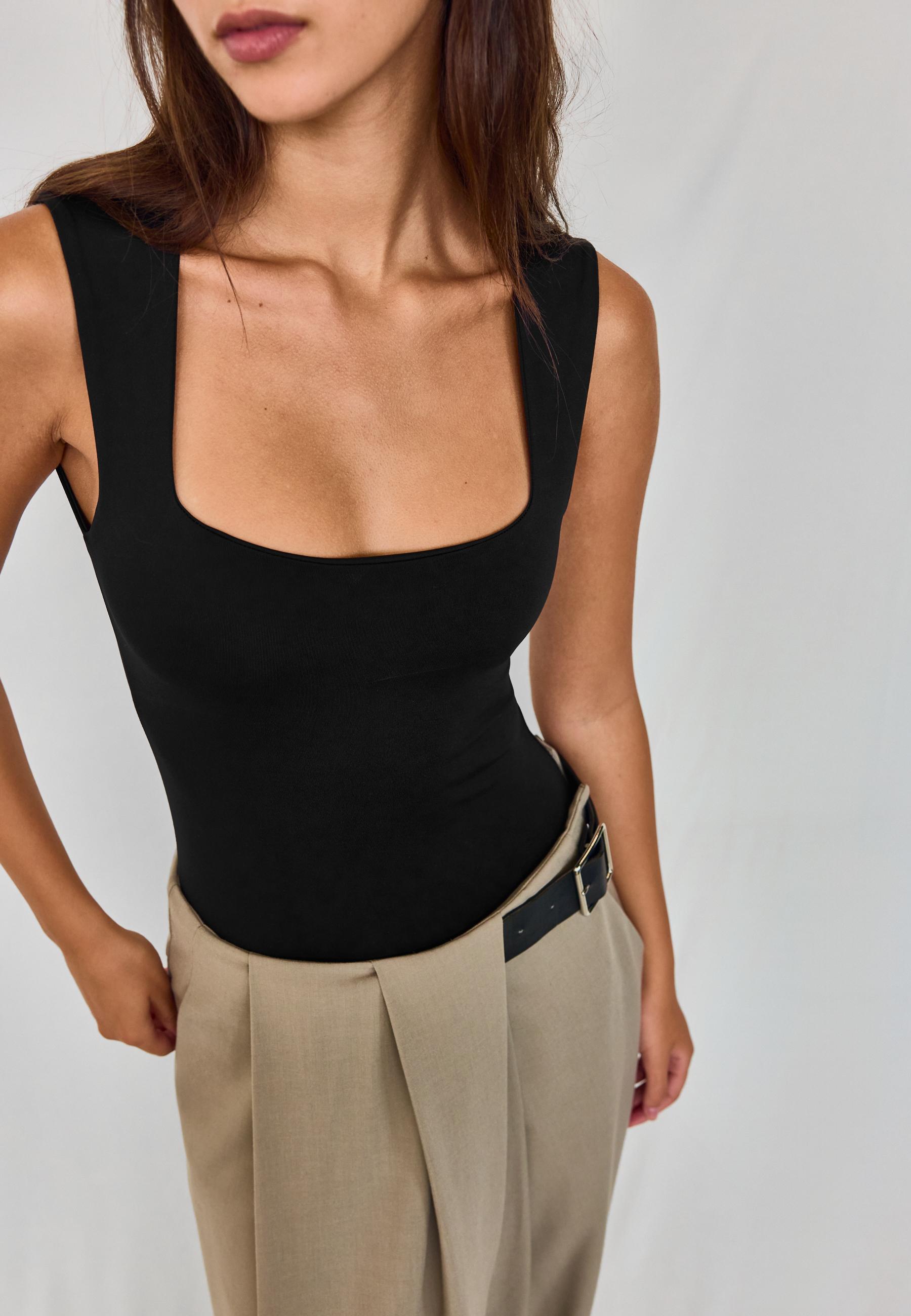Polyamide square neckline bodysuit — Black