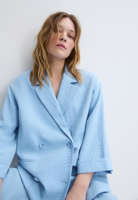 Stradivarius Blazer Fluide À Double Boutonnage Bleu Xs