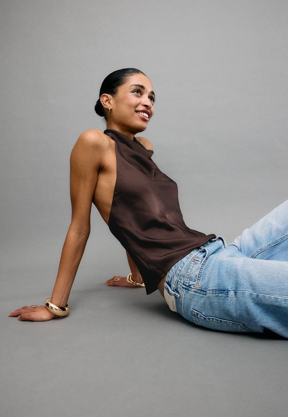 Stradivarius Satin Effect Halter Top Brown M