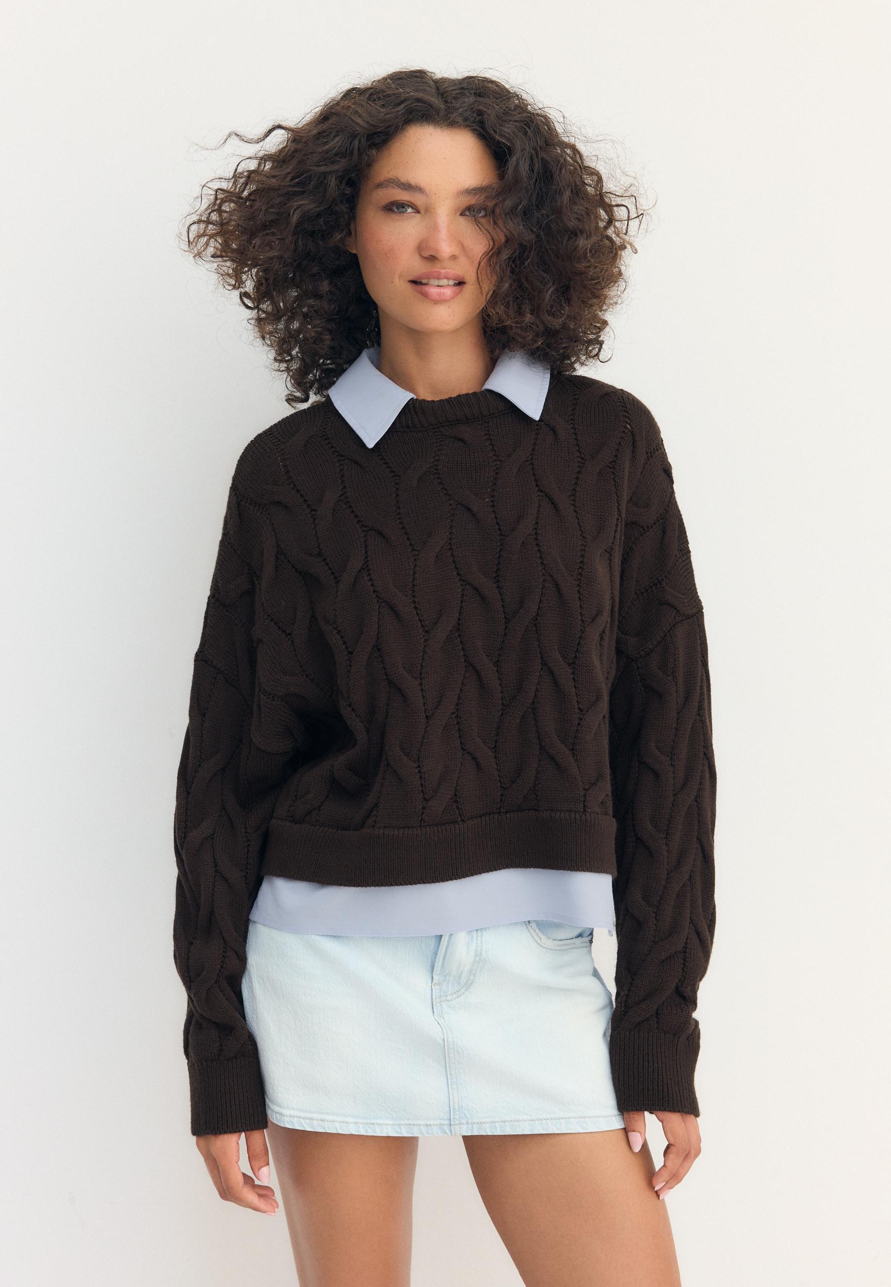 Two-fabric knit sweater with detachable collar — Brown