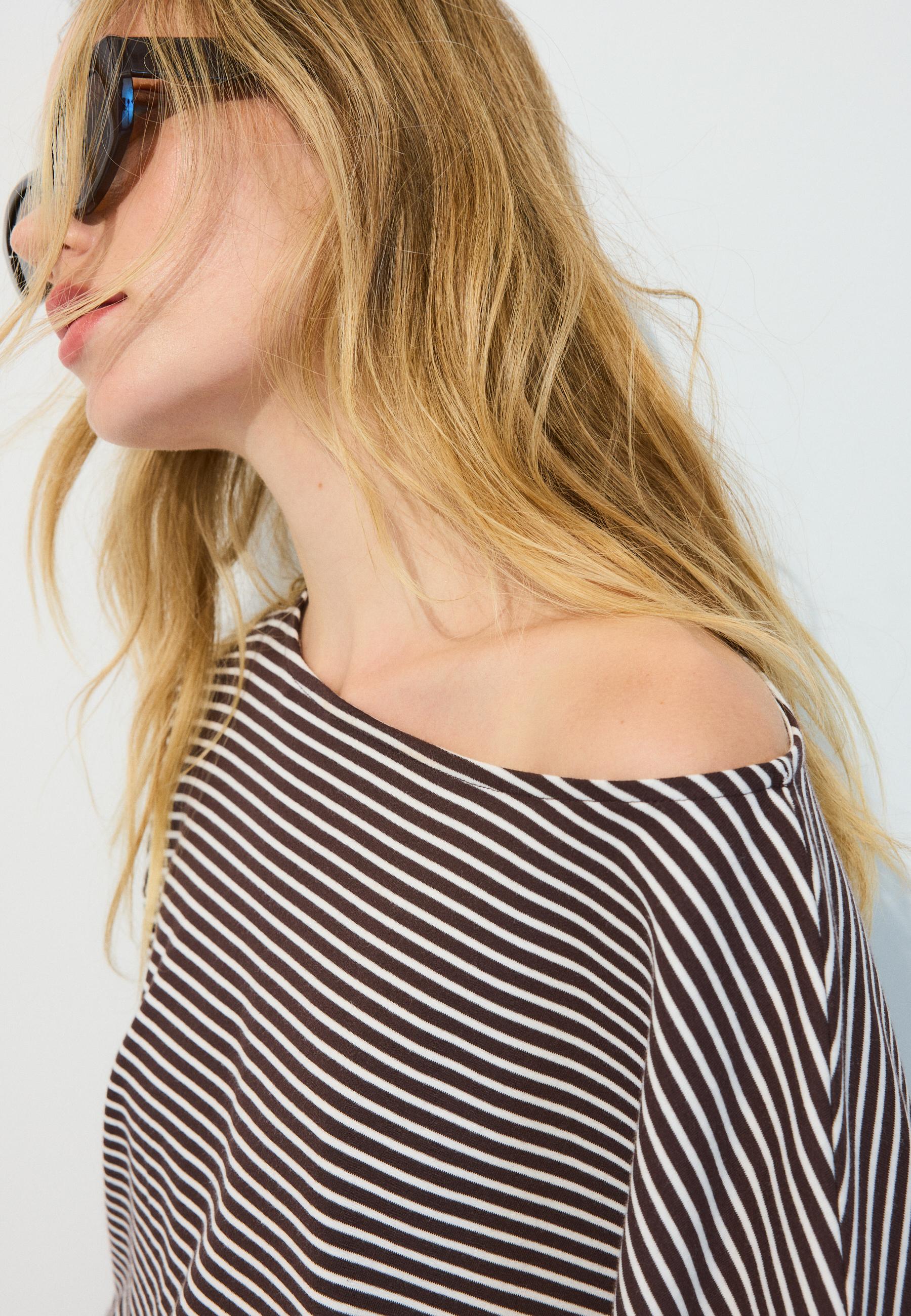 Long sleeve boat neck T-shirt with striped sash — Brown