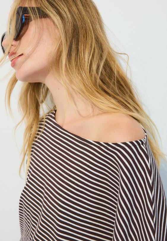 Stradivarius Striped Boat Neck Long Sleeve T-Shirt With Sash Hem Brown M