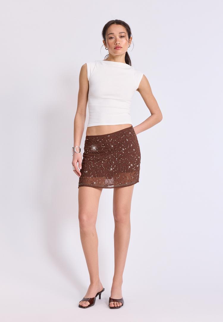 Stradivarius Mini Kalhotová Sukně S Výšivkou Brown Xs