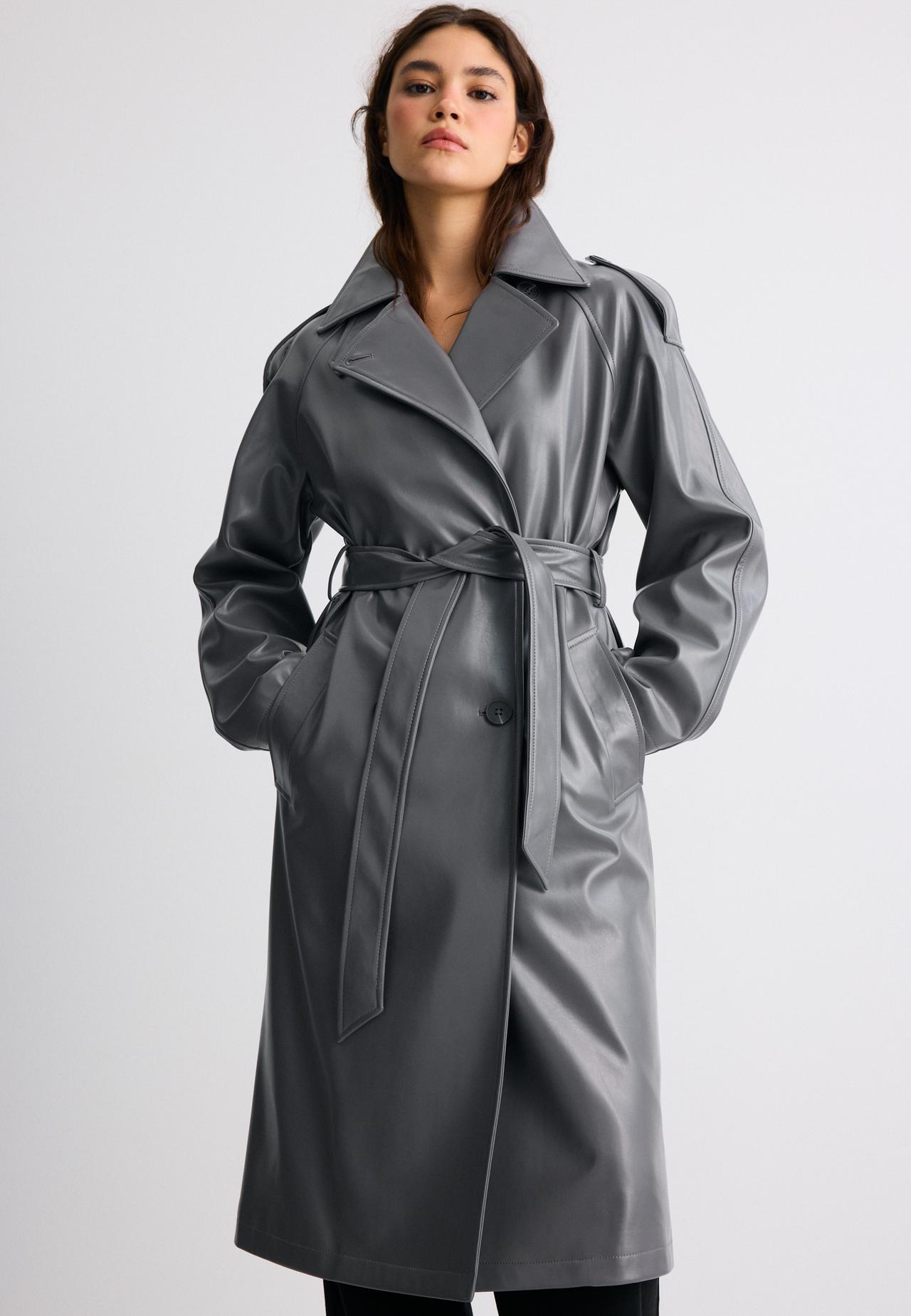 Long leather effect trench coat — Dark grey