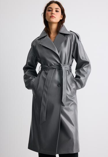 Long leather effect trench coat — Dark grey 4