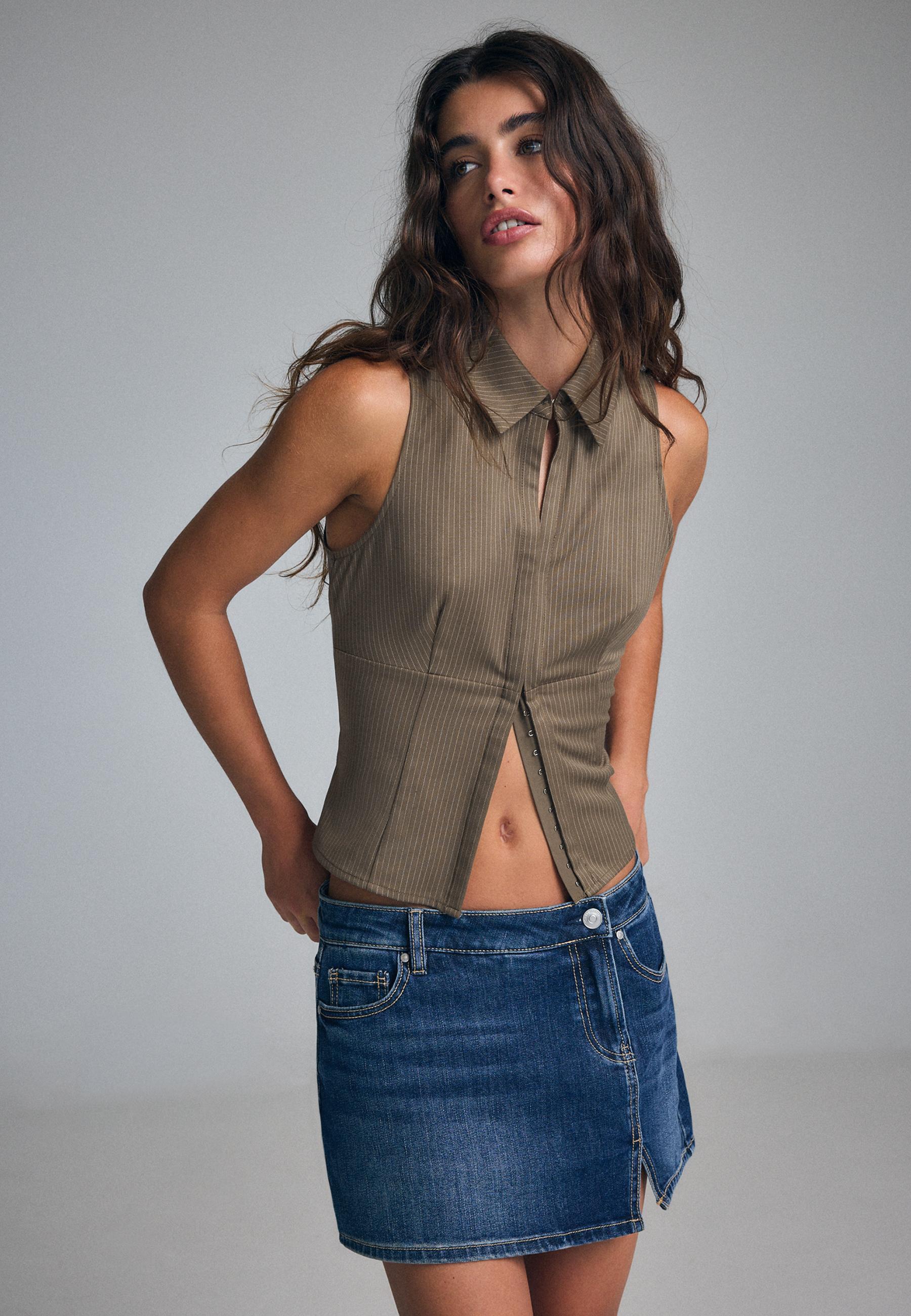 Sleeveless press stud top — Khaki