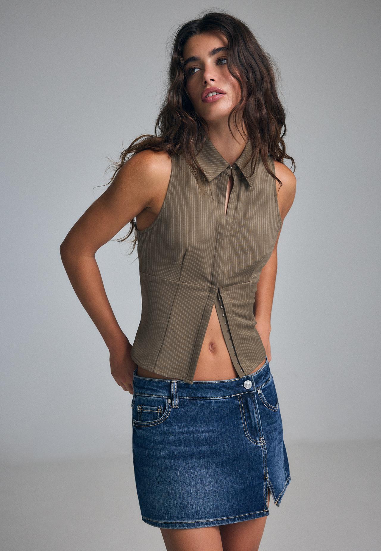 Sleeveless press-stud top — Khaki