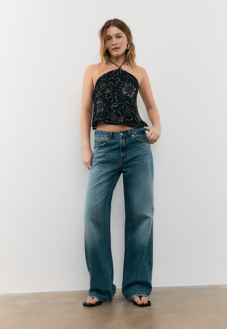 Stradivarius Τοπ Halter Με Κεντήματα Μαύρο L