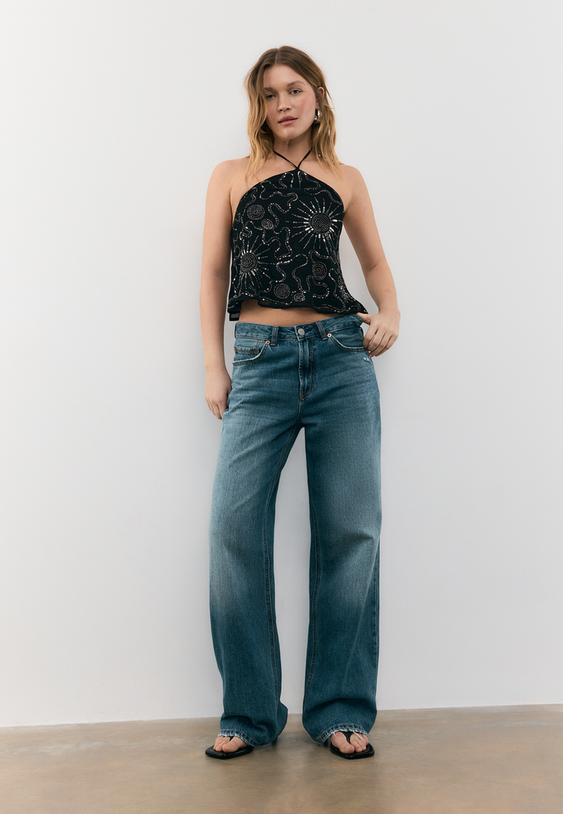 Stradivarius Embroidered Halter Top Black M