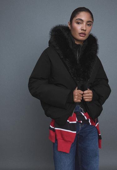 Padded jacket with faux fur hood — Black 1