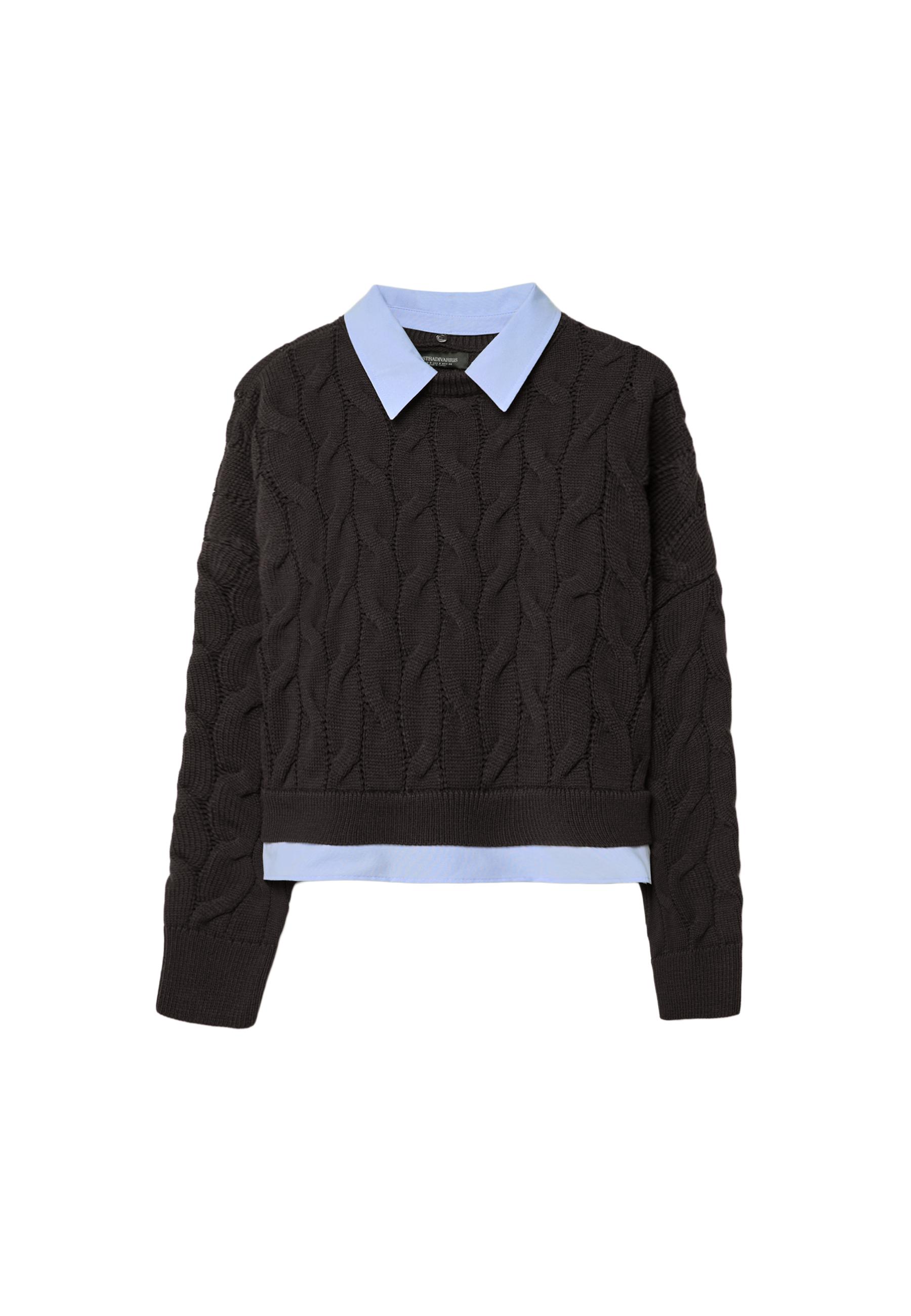 Two-fabric knit sweater with detachable collar — Brown