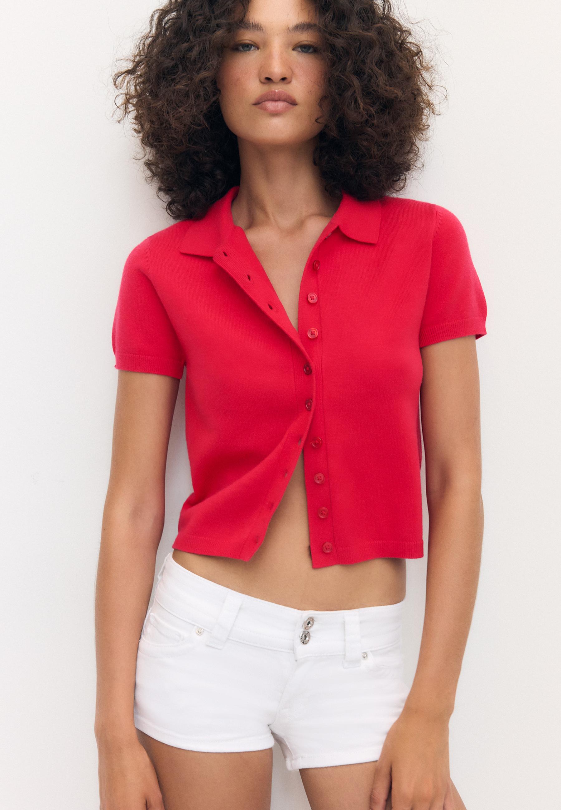 Short sleeve knit polo sweater — Red