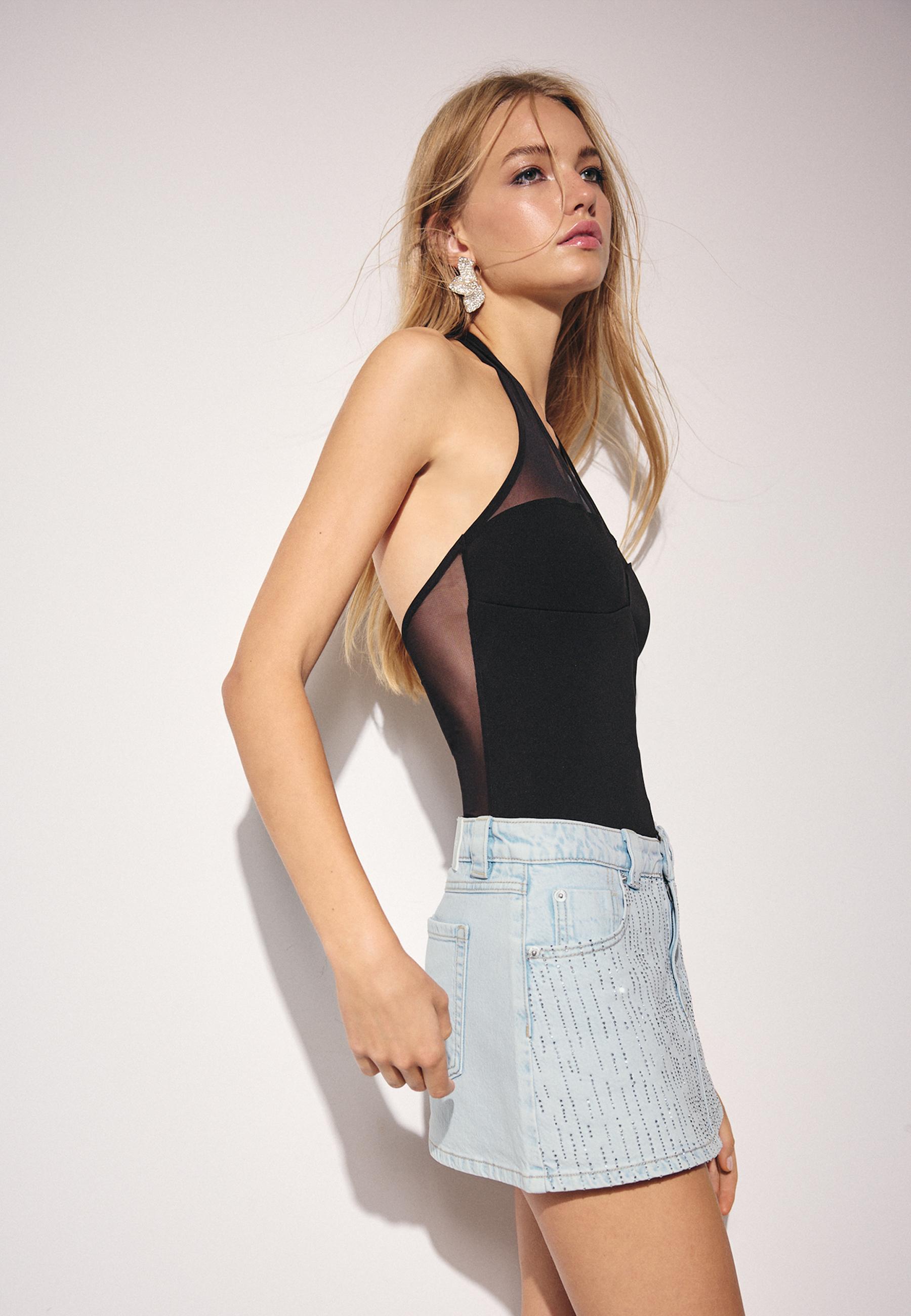 Denim skort with rhinestones — MEDIUM BLUE DENIM