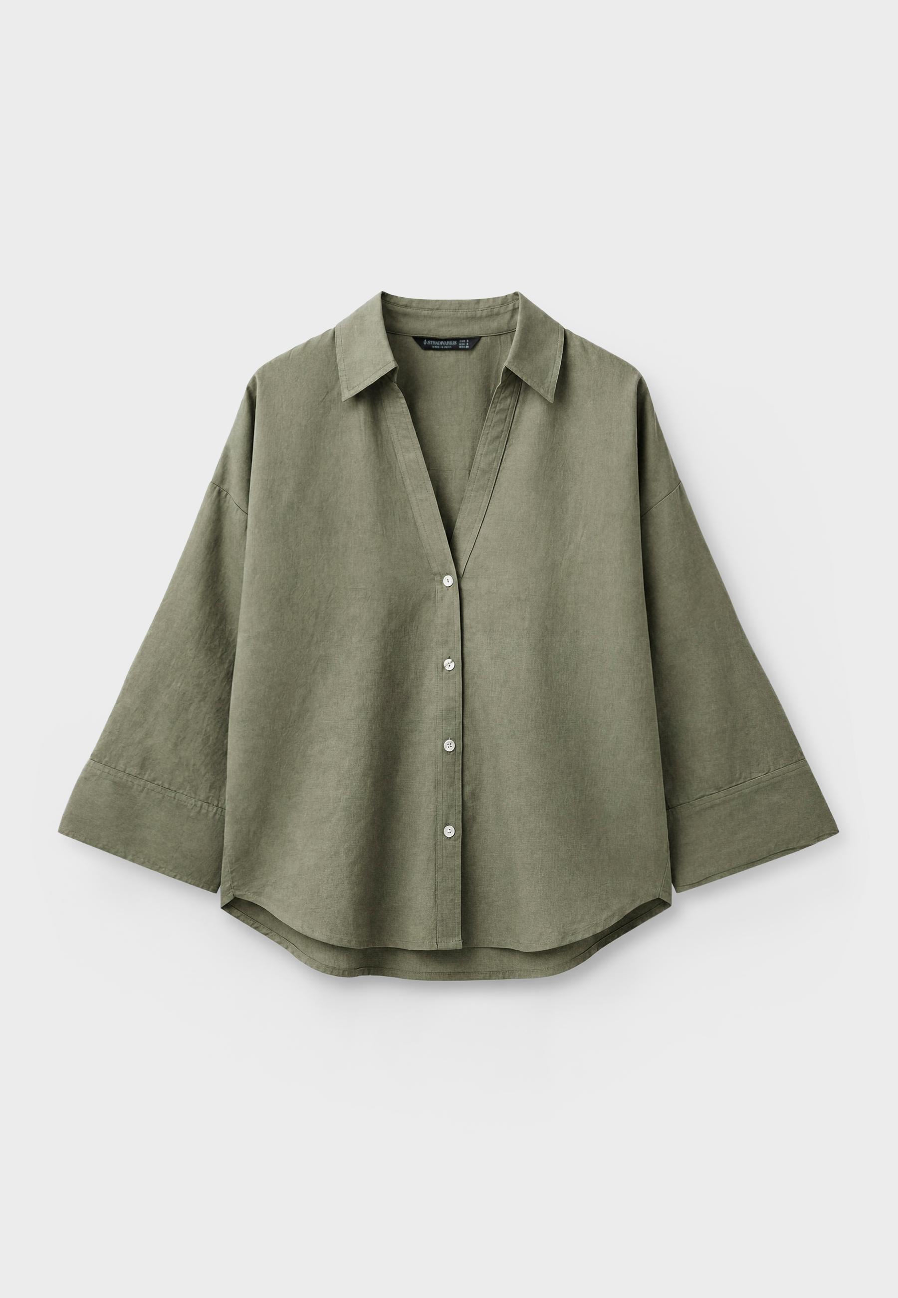 Linen-effect kimono sleeve shirt — Khaki
