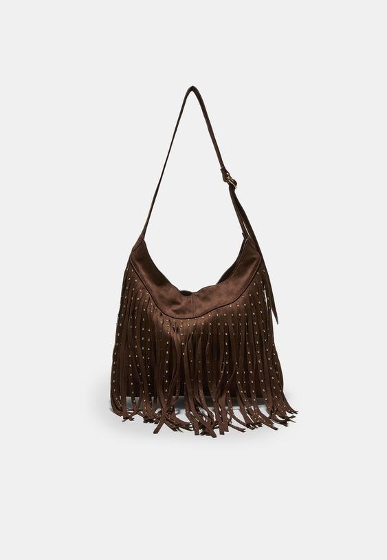 Stradivarius Soft-Touch Shoulder Bag With Fringe Detail Brown Os