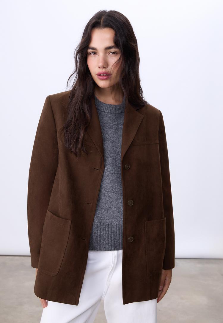 regular fit faux suede blazer