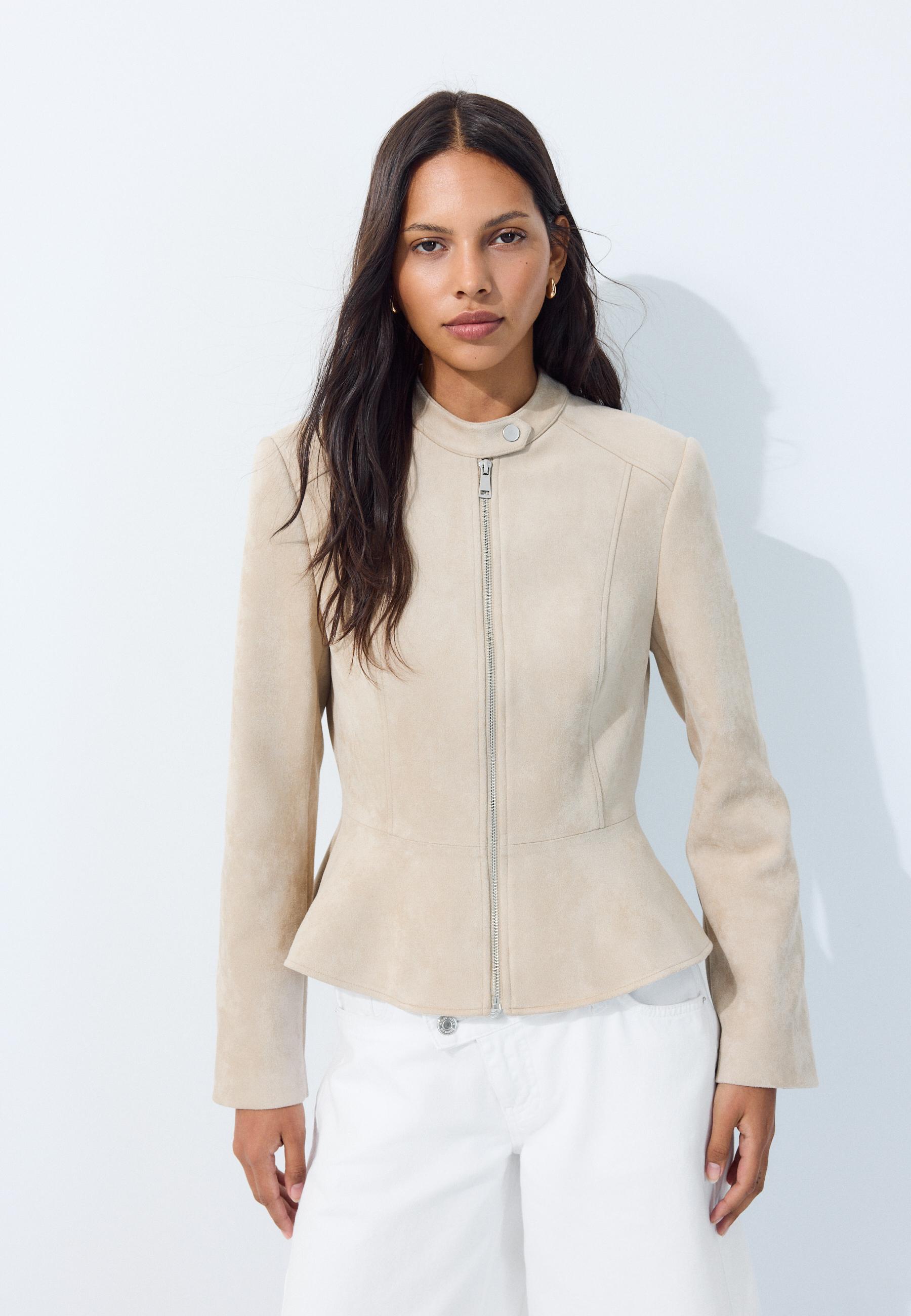 Fitted faux suede peplum jacket — Ecru