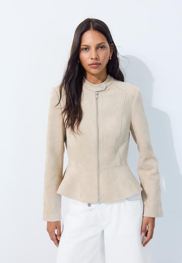 Fitted faux suede peplum jacket — Ecru 3