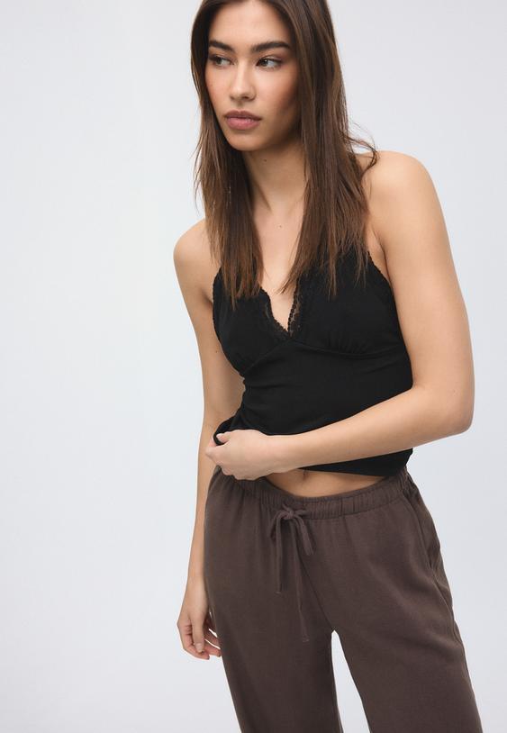 Stradivarius Flowing Linen-Effect Trousers Brown Xs