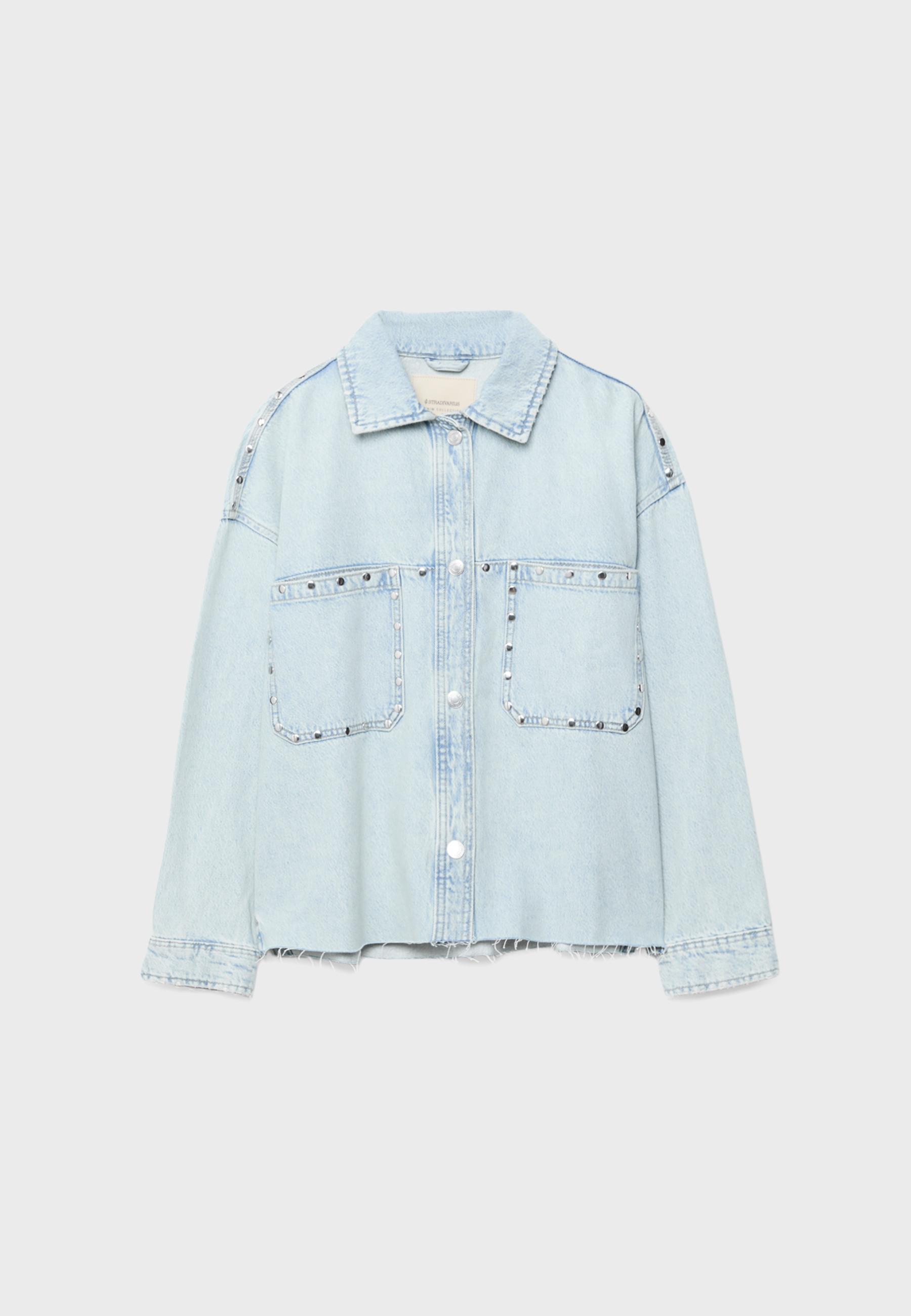 Cropped denim overshirt with studs — MEDIUM BLUE DENIM