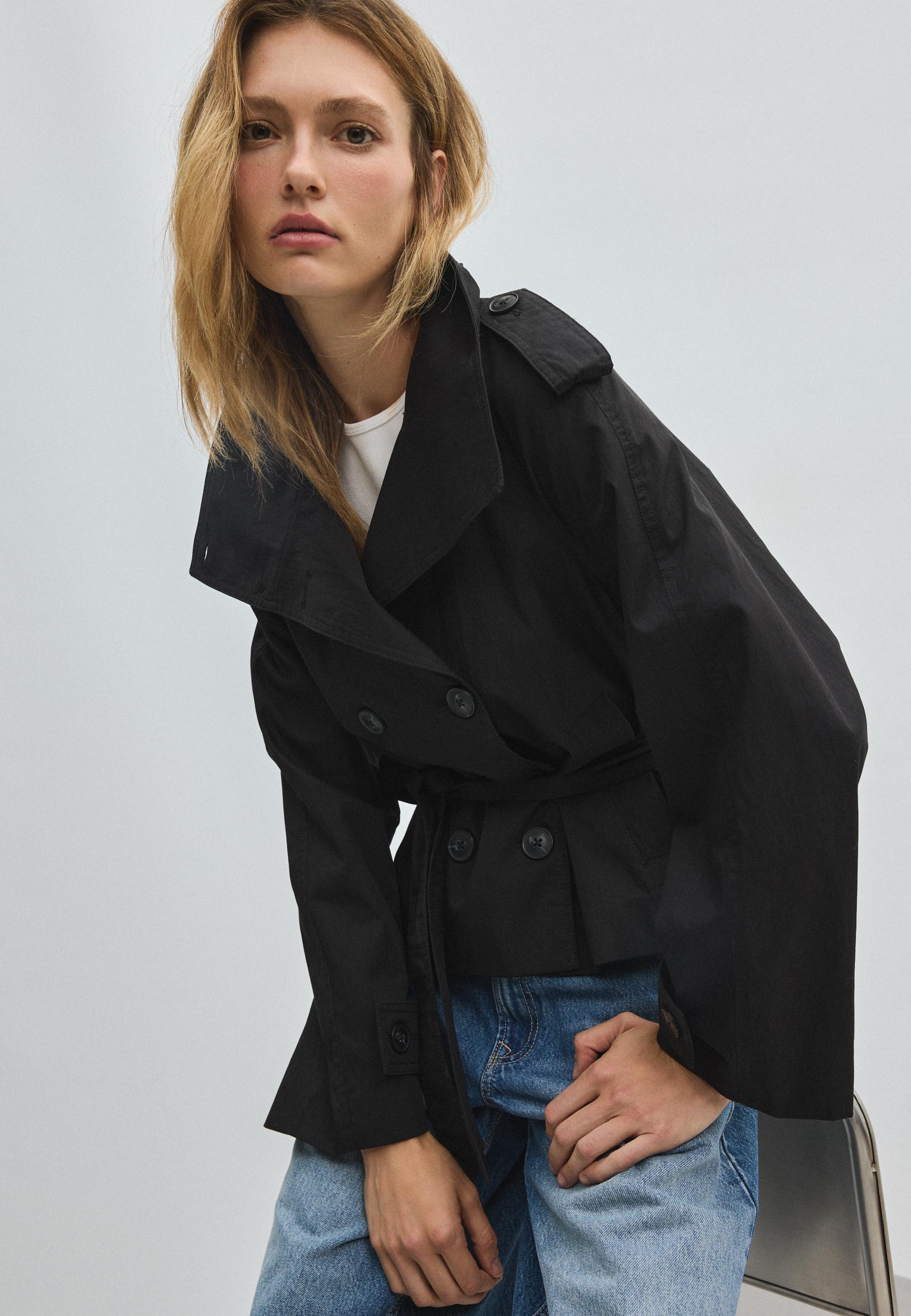 High neck belted trench coat — Black