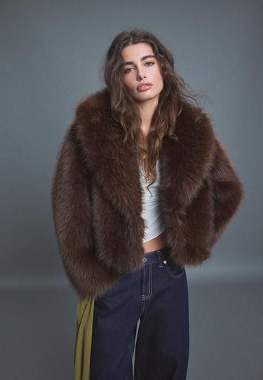 Faux fur shawl neck jacket — Brown 1