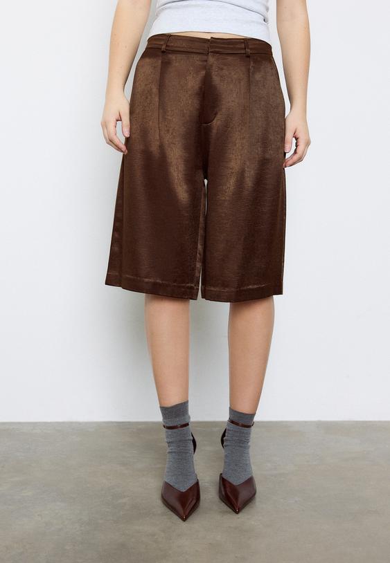 Stradivarius Satin Bermuda Shorts With Darts Brown 12