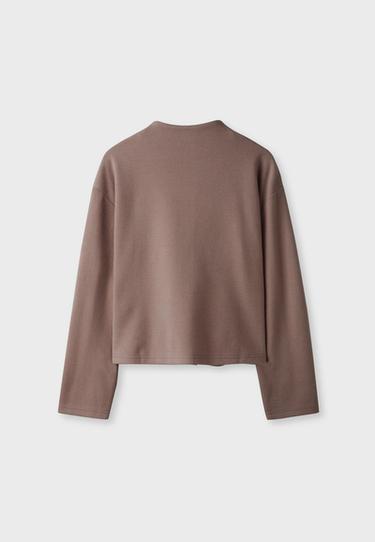 Stand collar knit cardigan — Brown 8