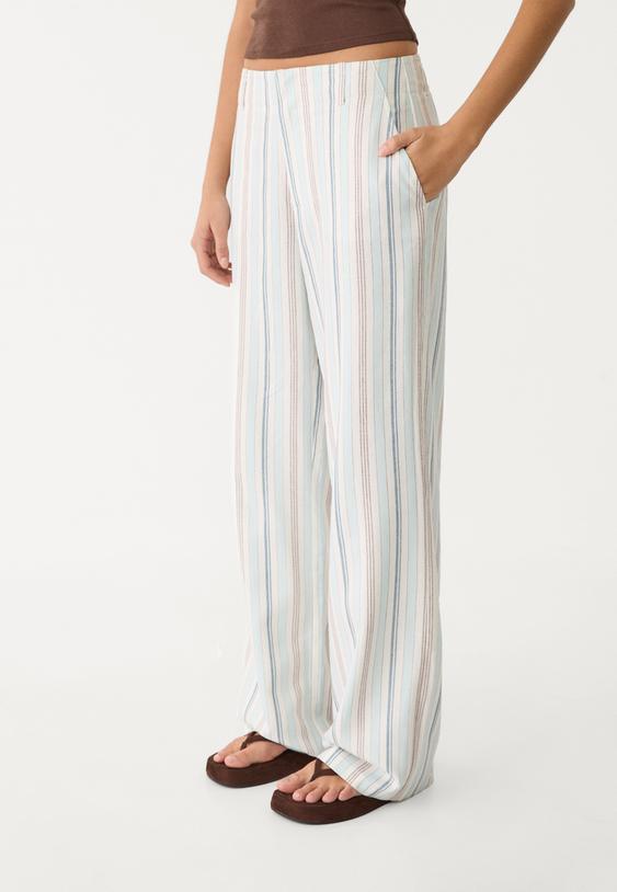 Straight fit dökümlü çizgili keten karışımlı pantolon_6