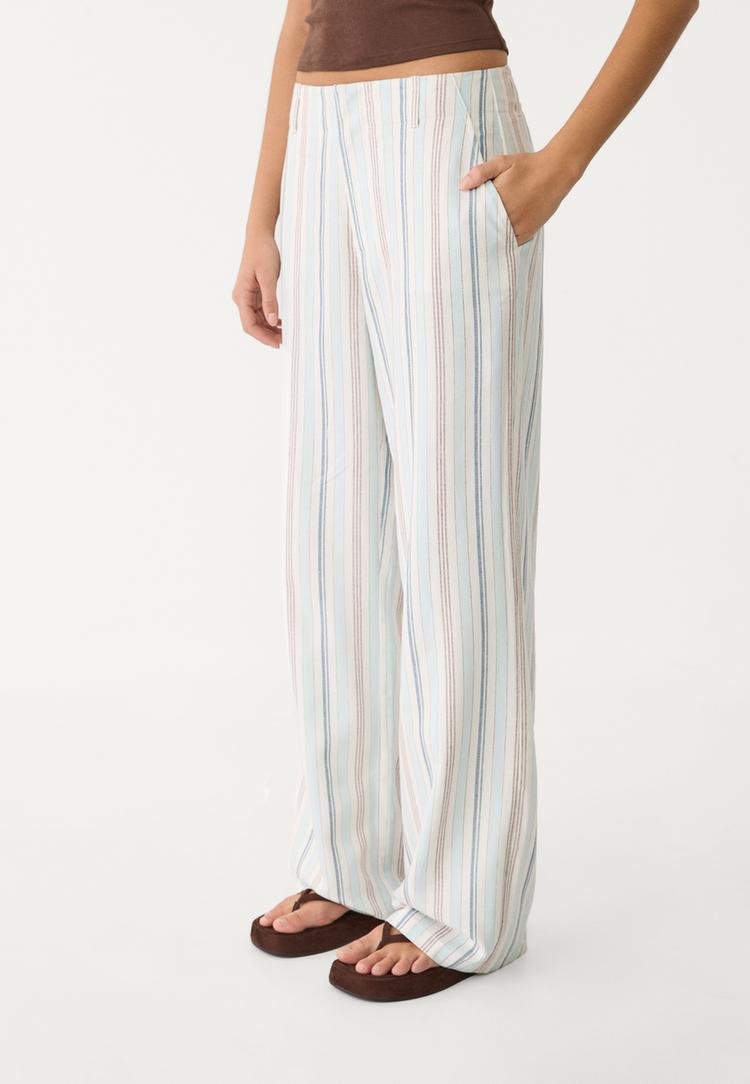 Straight fit dökümlü çizgili keten karışımlı pantolon_6