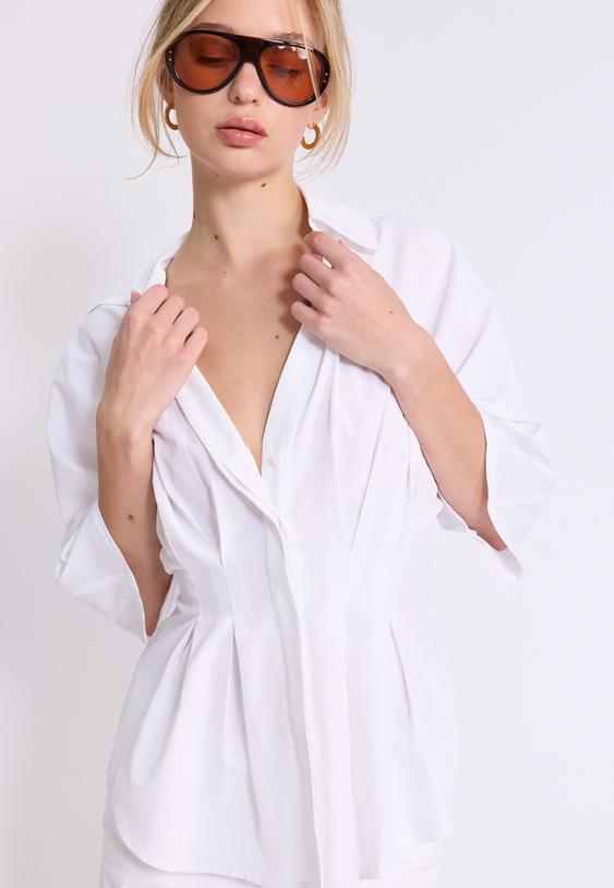 Stradivarius Chemise Popeline Plissée Manches Japonaises Blanc Xs