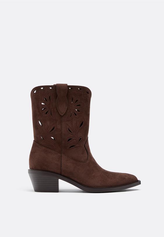 Stradivarius Perforated Cowboy Leather Effect Ankle Boots Brown 5