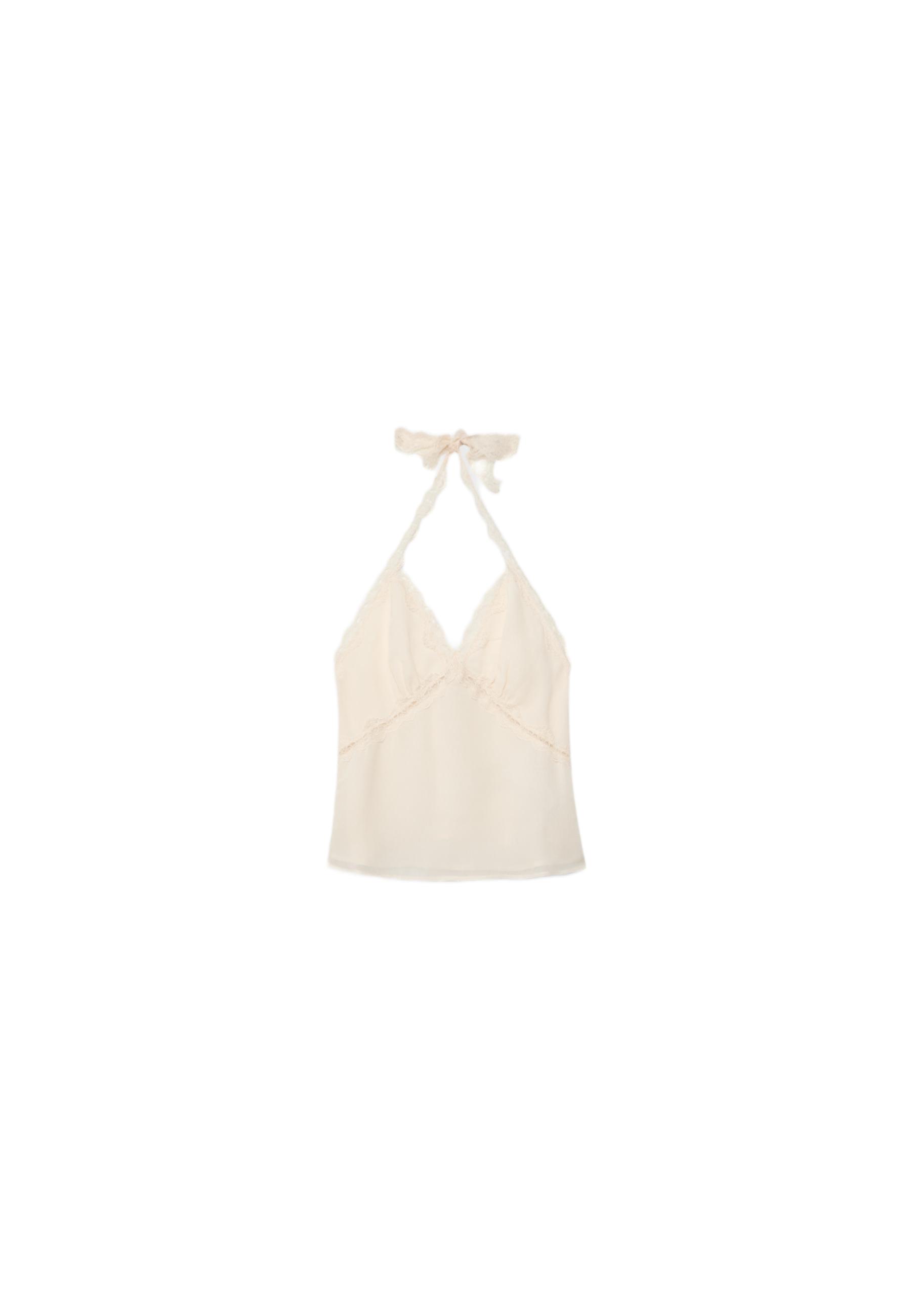 Halter neck top with lace trim — Ecru