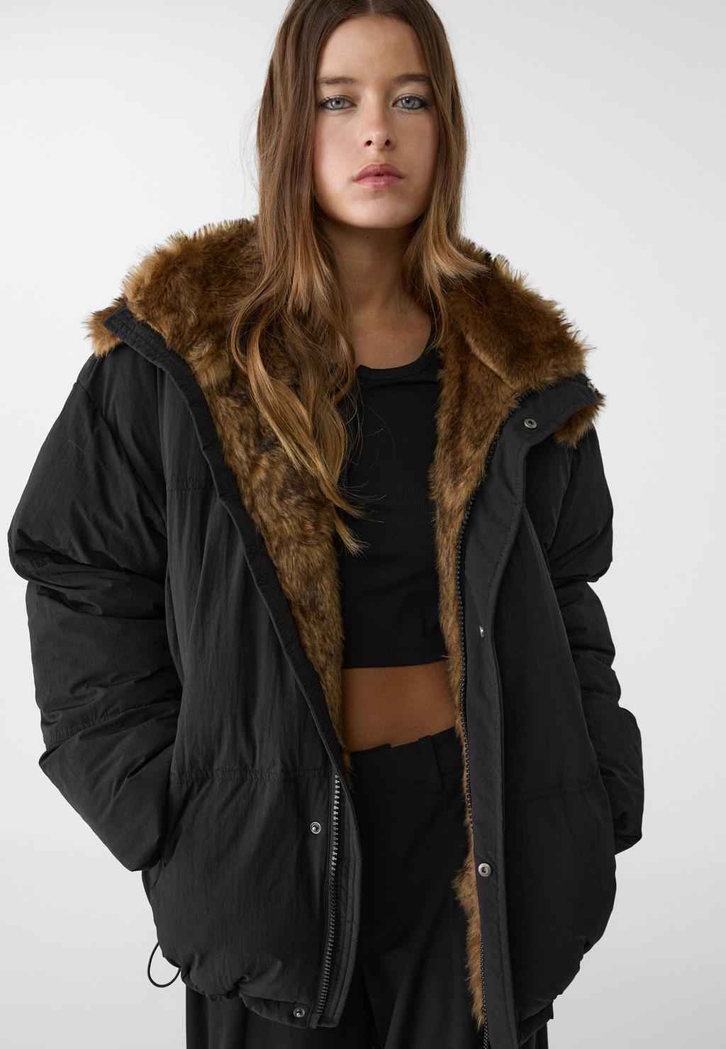 Puffer jacket with faux fur hood trim