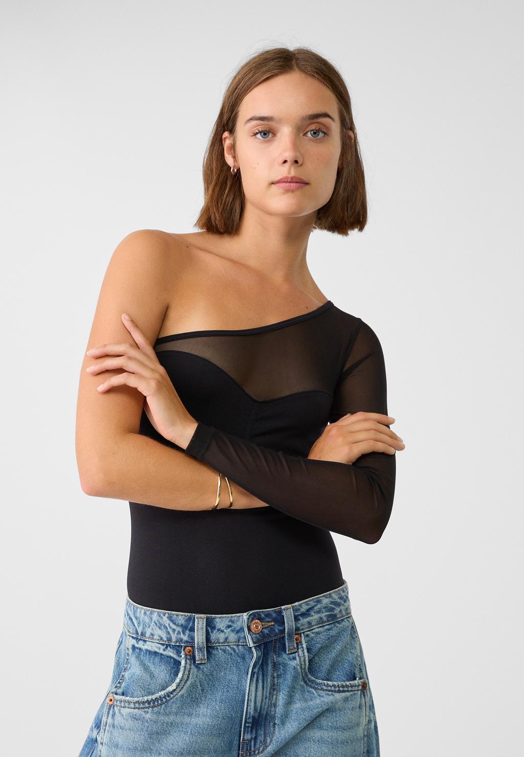 Bodysuit with a sweetheart neckline and sheer section