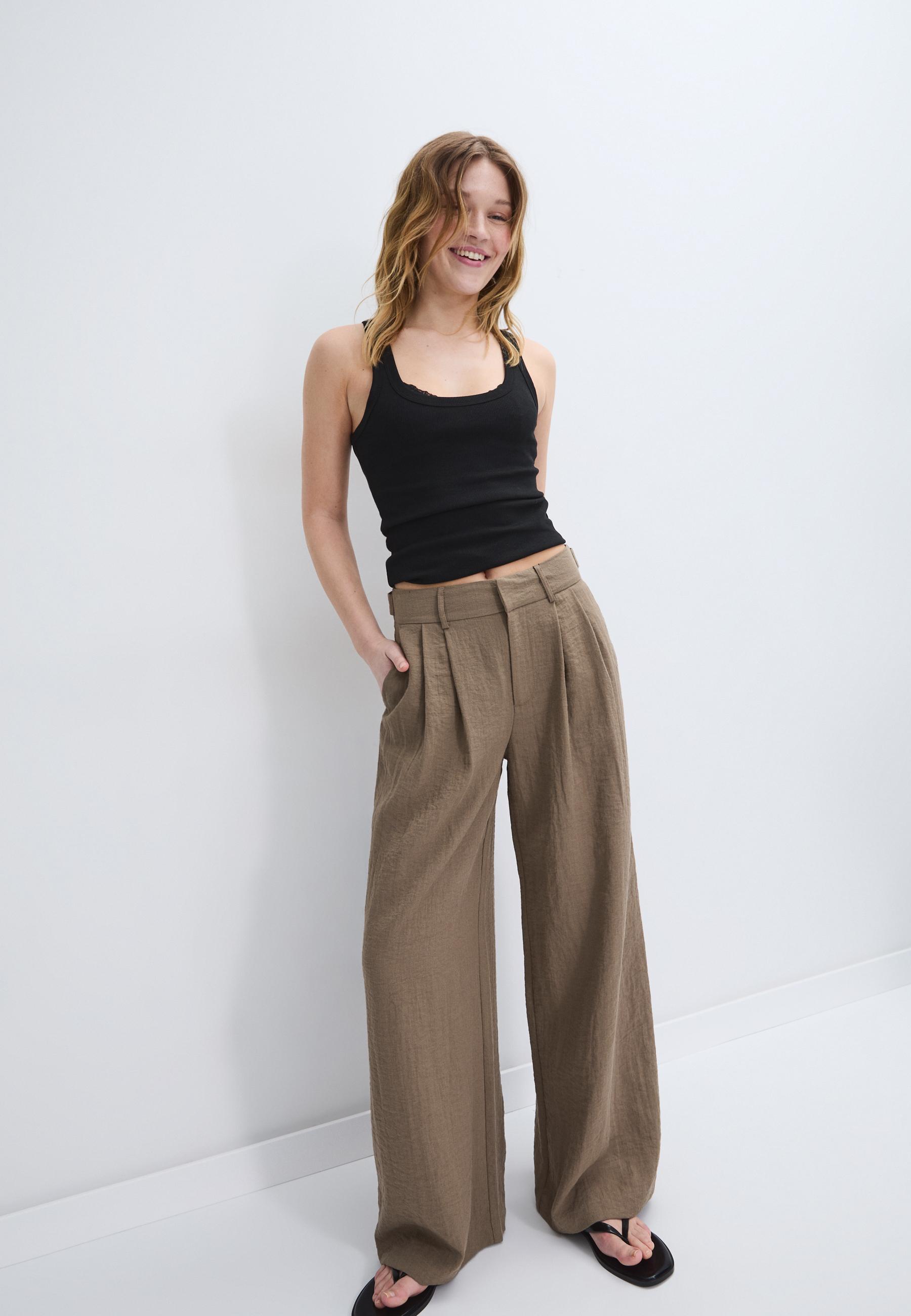 Ayarlanabilir düğmeli keten karışımlı bol paça pantolon - Görsel 2