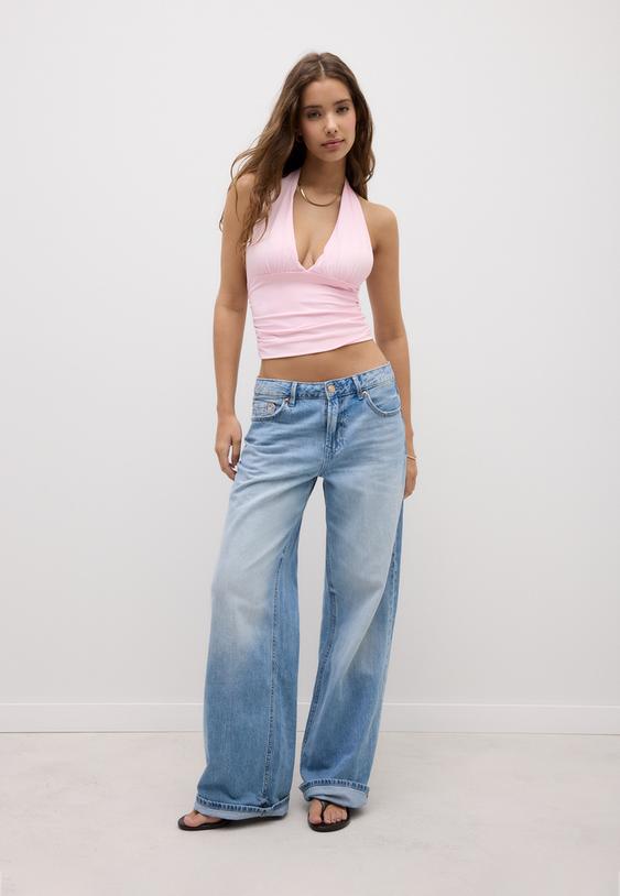 Stradivarius Top Encolure Américaine Froncé À Nouer Rose Saumon S